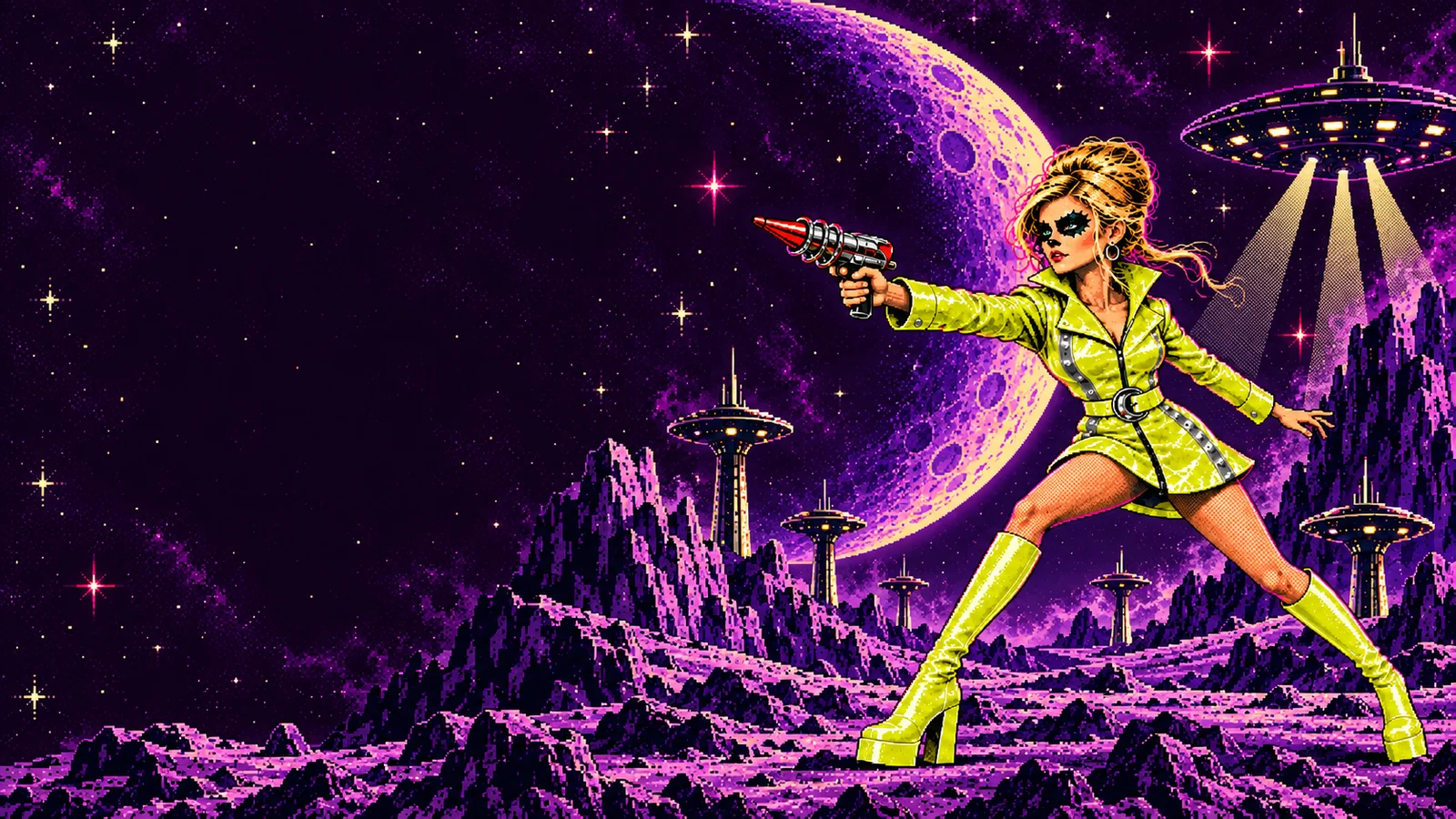 Citron-suited Clarapetra in an action pose beneath flying saucers on a purple alien landscape.