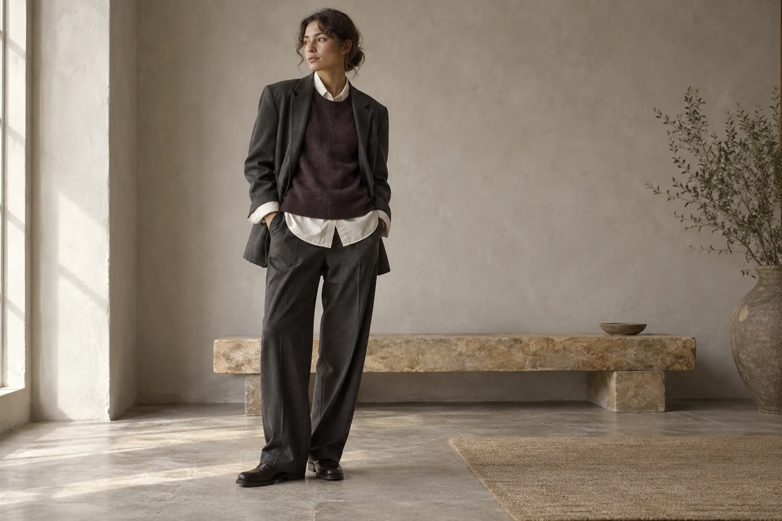 Layered charcoal tailoring and a plum knit in a sunlit stone interior.